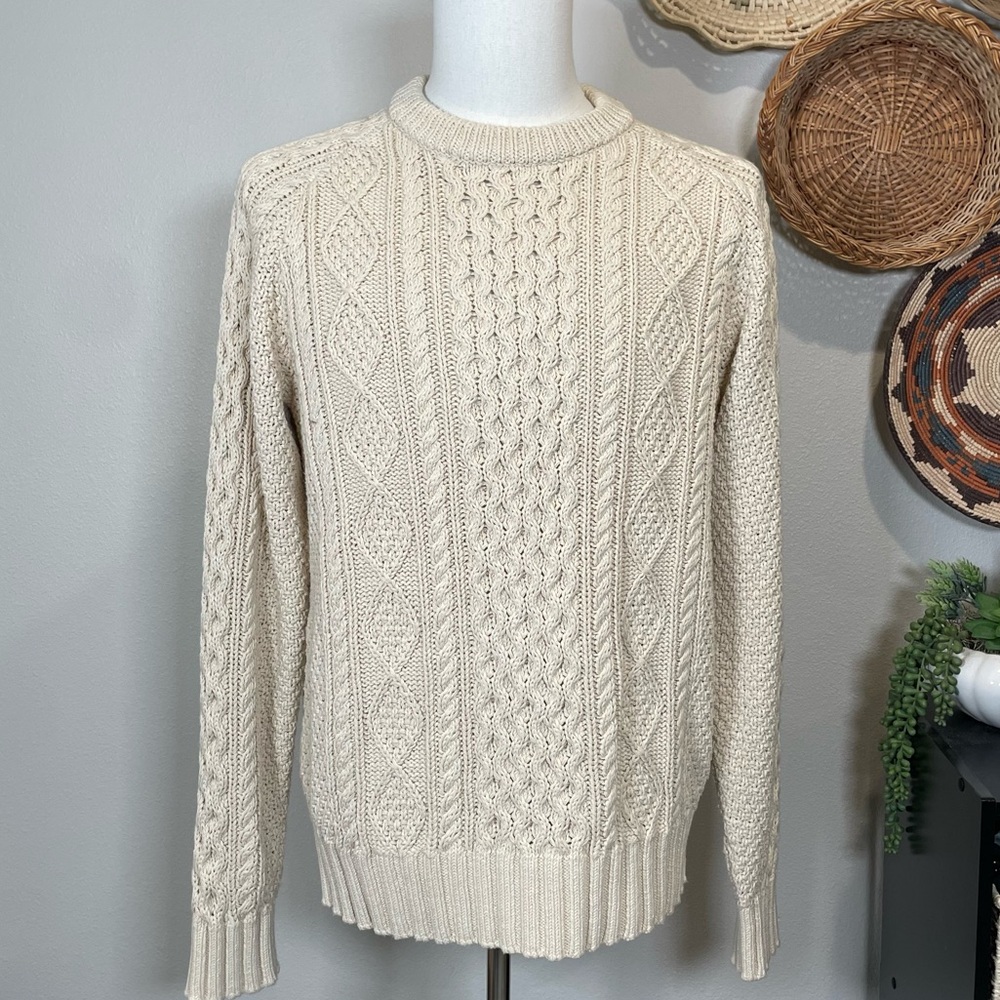 Men's L.L.Bean Signature Cotton Chunky Cable Knit Fisherman Sweater Beige Medium